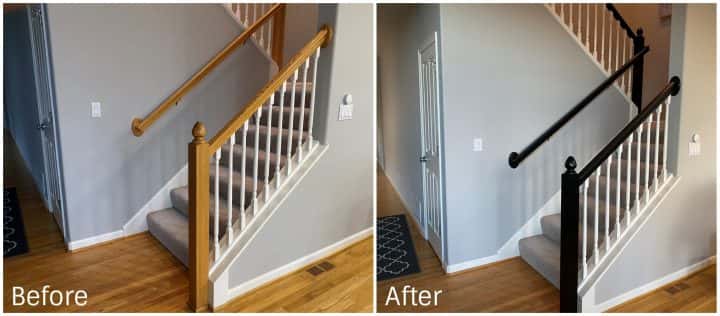 An interior painting project showcasing a staircase in Southwest Portland, before and after.