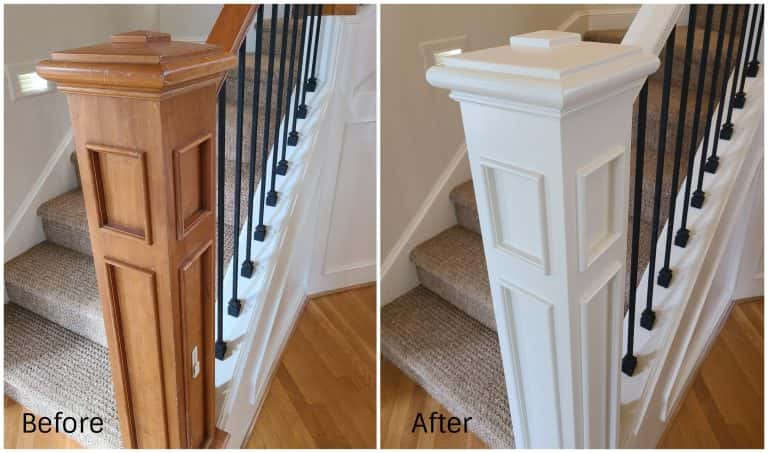 Two pictures of a handrail before and after painting.