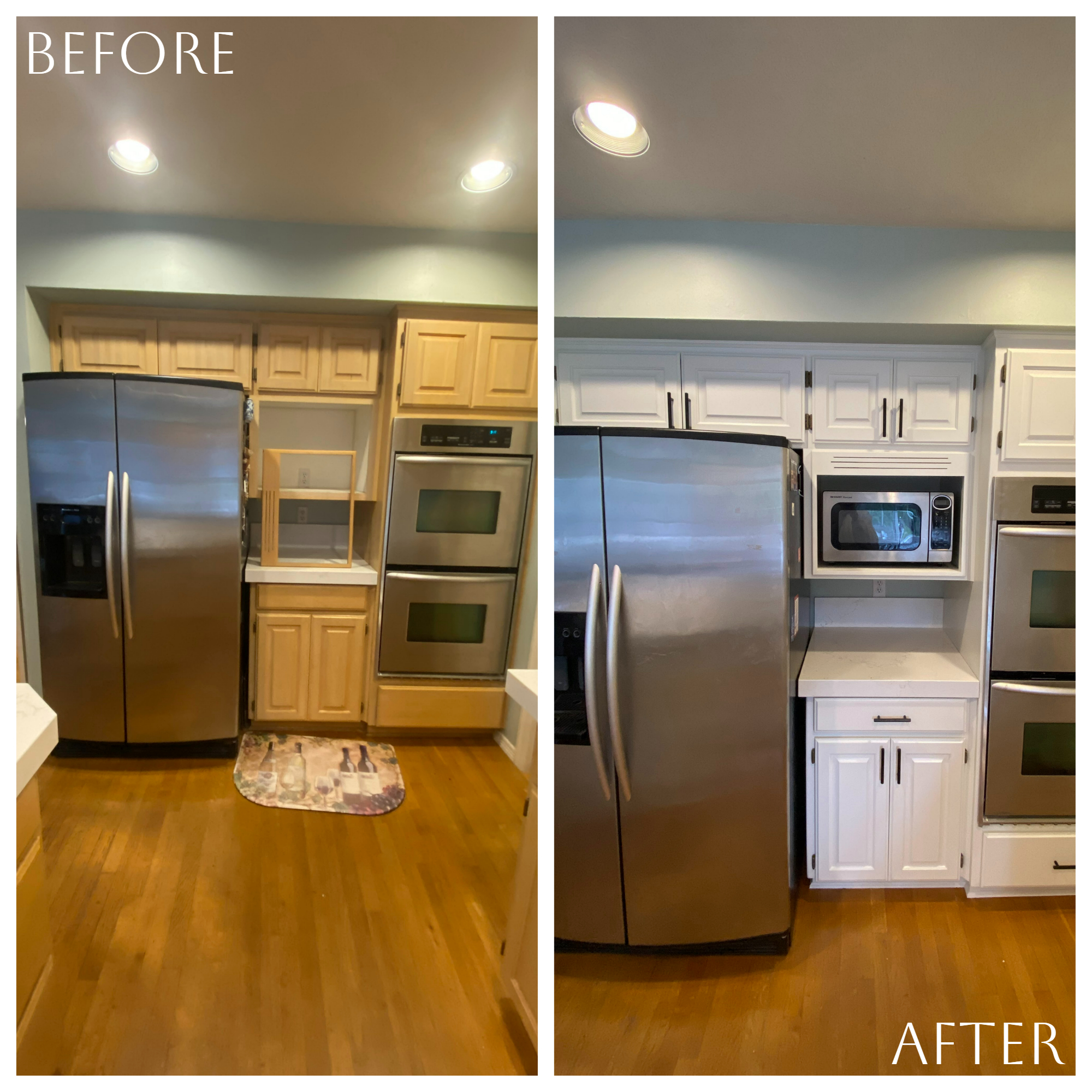 Before and after of Tigard cabinet painting project - wood to white