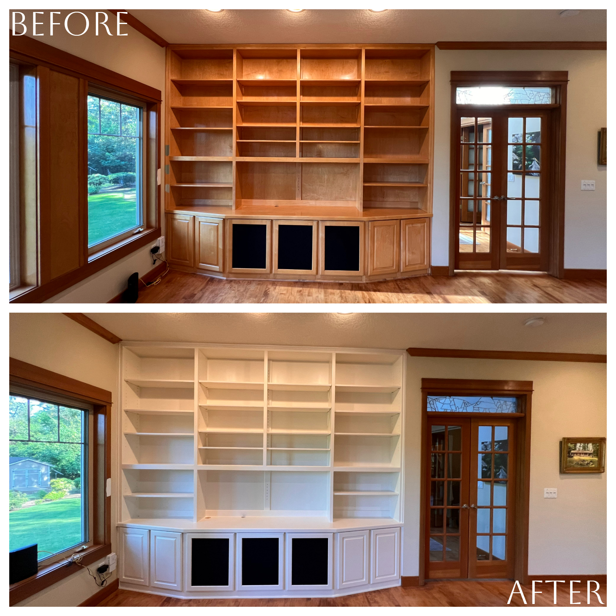 Before and after pictures of a holiday-ready bookcase in a living room.