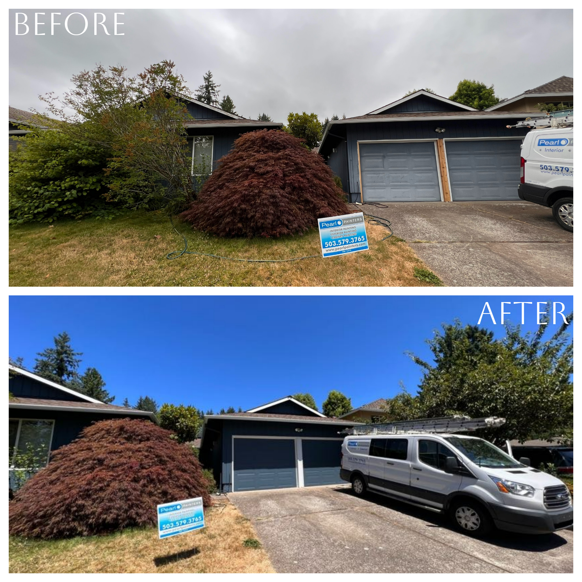 Before and after pictures of an outdoor house paint job.