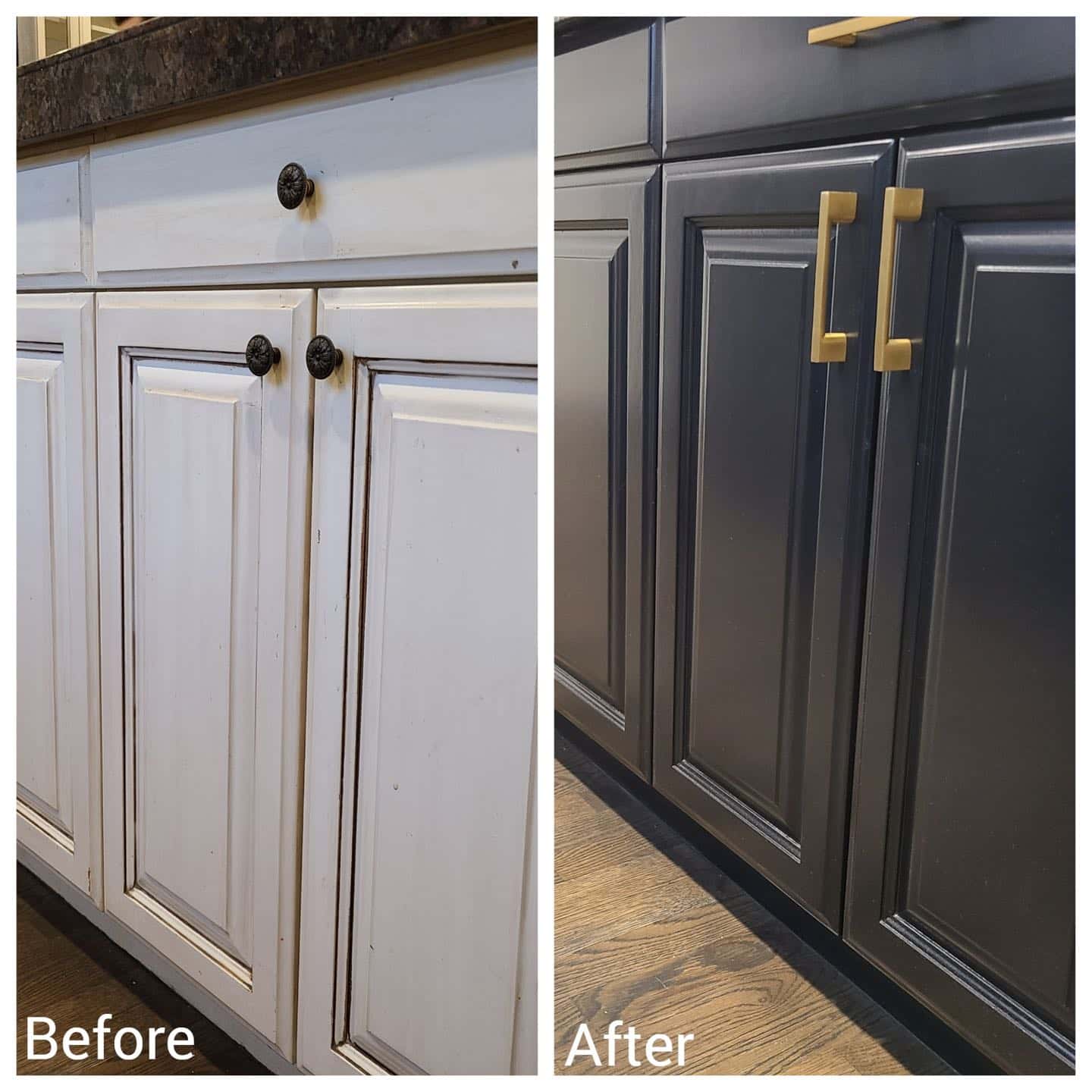 Before and after pictures of Tigard kitchen cabinet doors undergoing a modern makeover.