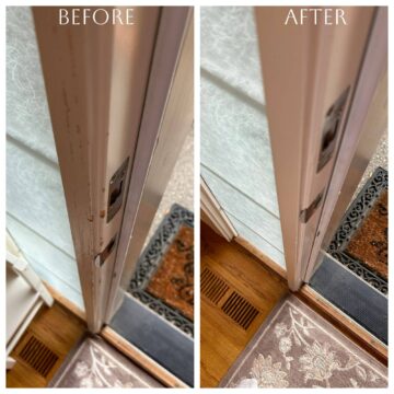 Witness the stunning transformation of a door, featuring professional painting results on both the exterior and interior trim.