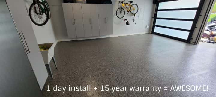 Concrete garage flooring installed in just 1 day with a remarkable 15-year warranty.