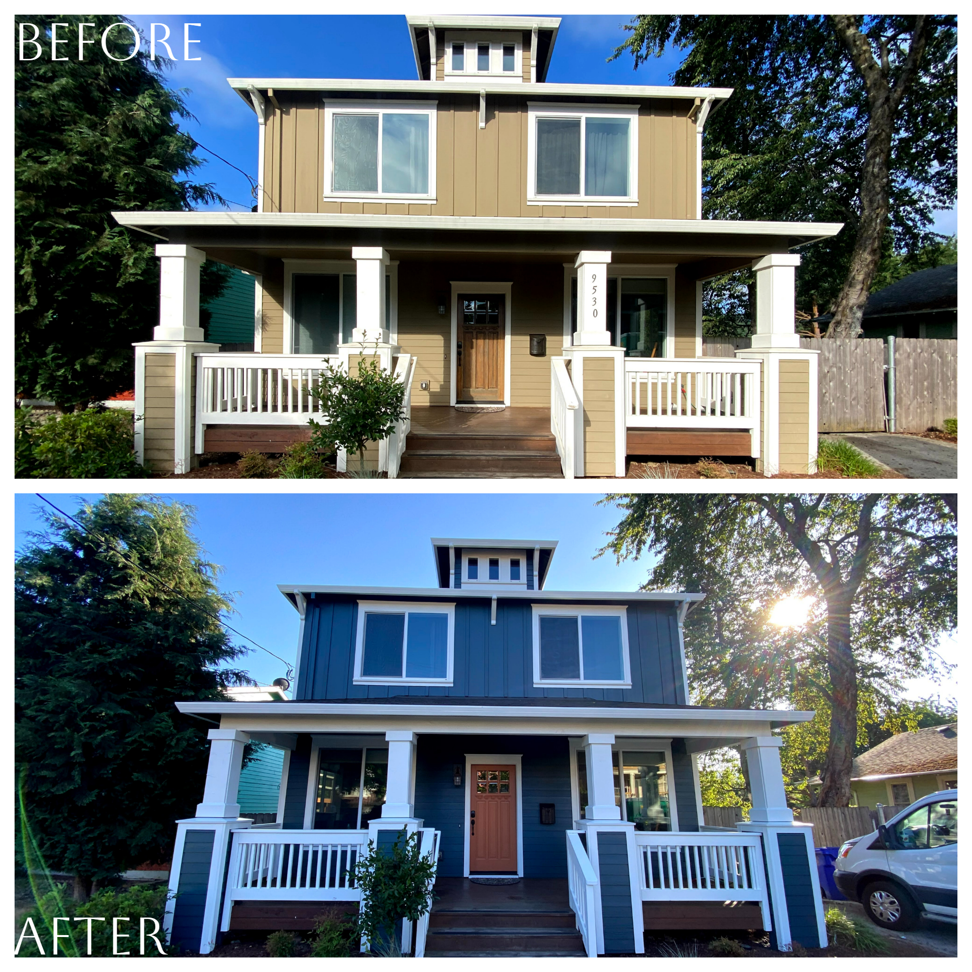 Before and after pictures of a secure house exterior.