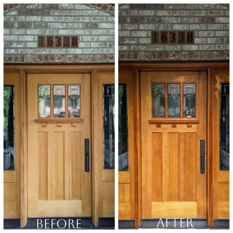A professional before and after picture of an interior wooden front door, showcasing the painting results.