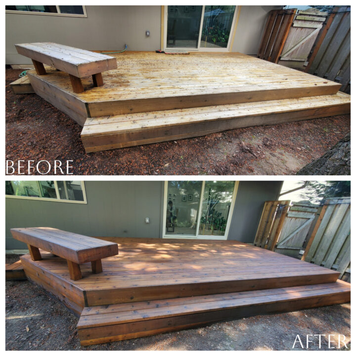Summer transformation of a secure wooden deck, showcasing spot-on before and after pictures.