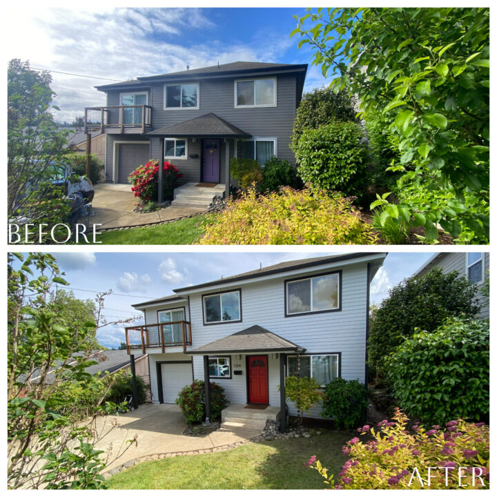 before and after photos of two story house painted white
