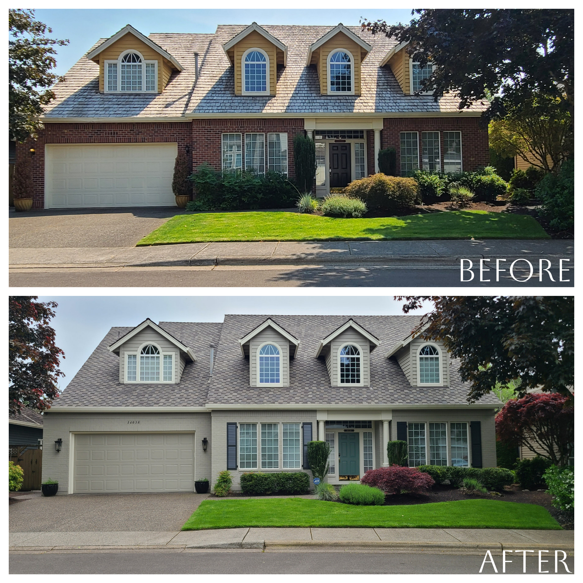Secure before and after pictures of an exterior house spot during the painting process.