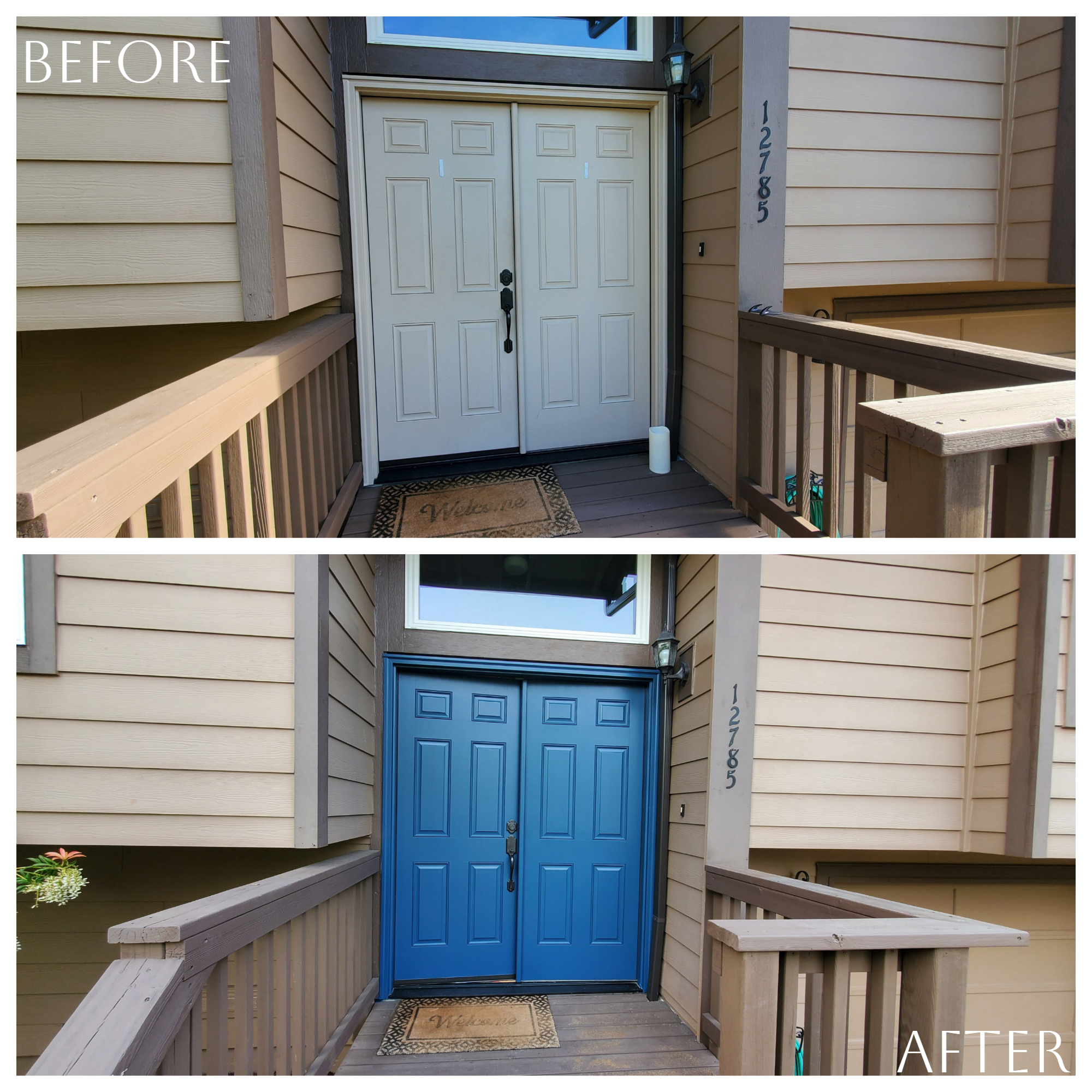 Secure Your Spot: Before and after pictures of a blue front door for the Summer 2023 Exterior Painting.