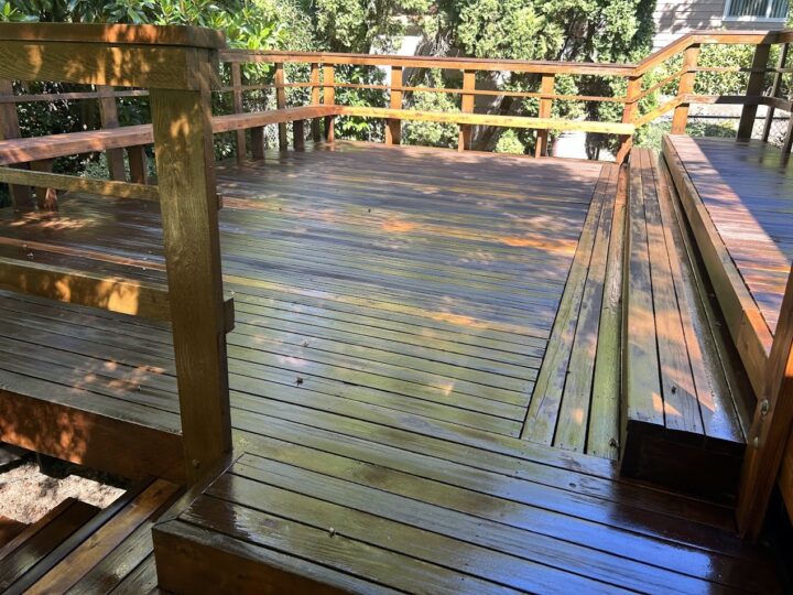 Pitney deck and steps freshly washed by Pearl Painters; railings, foliage, and shade visible. Painter prep for summer 2025.