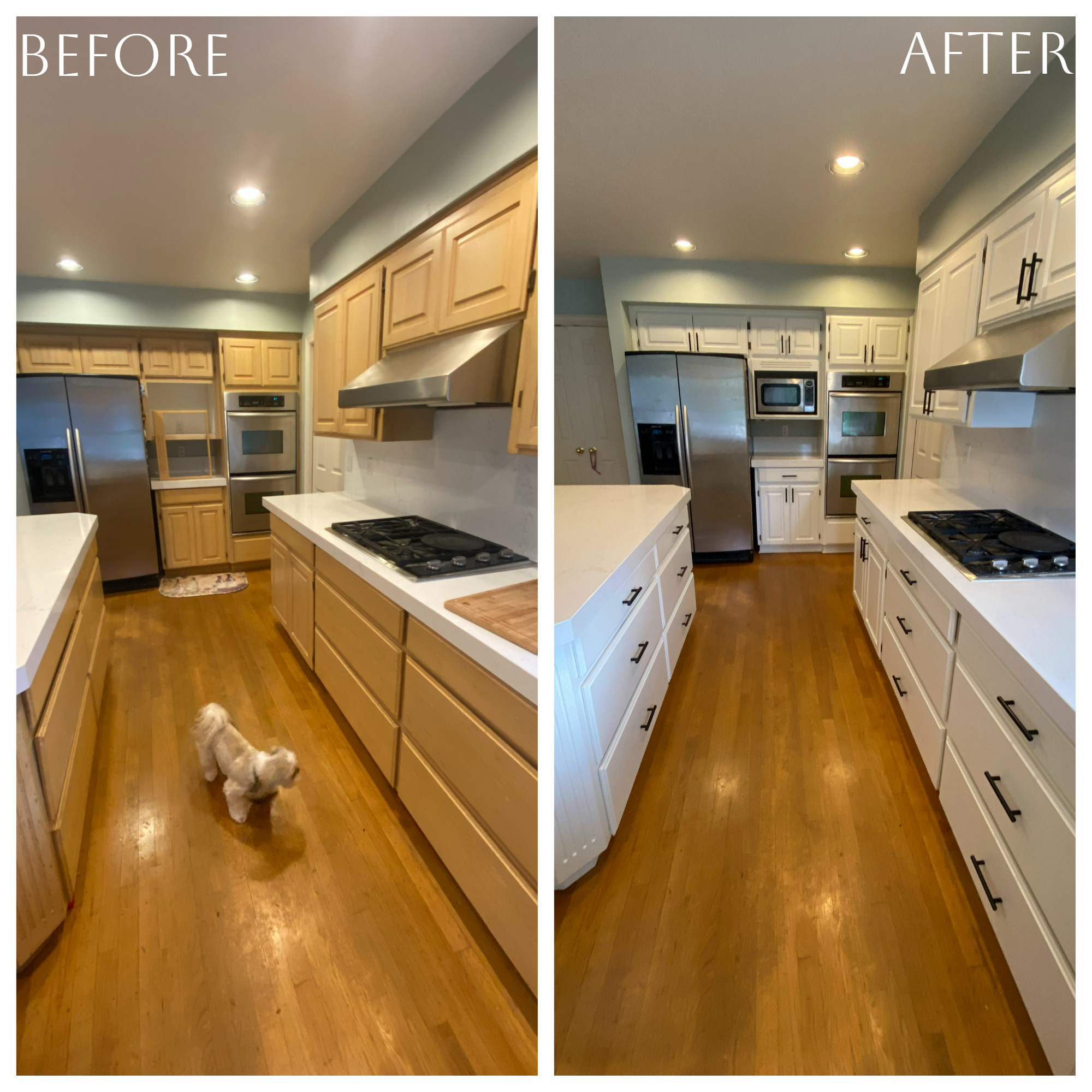 Before and after of wood cabinets professionally painted white in Tigard, Oregon kitchen