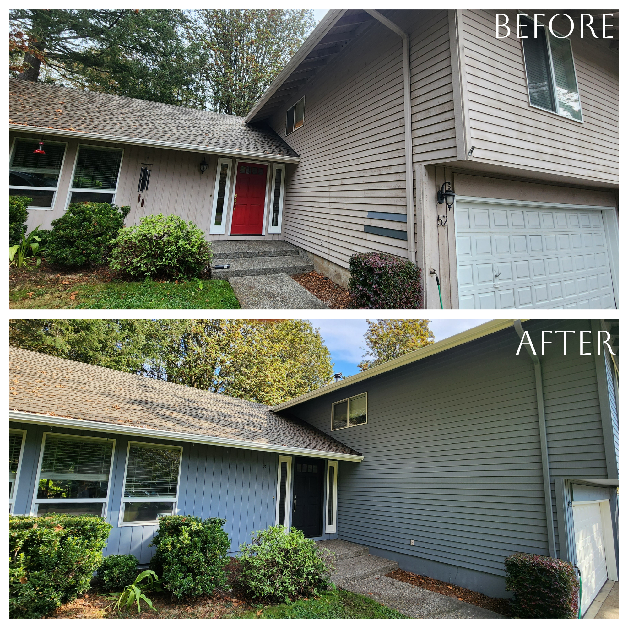 Exterior before and after pictures showcasing the secure siding spots.