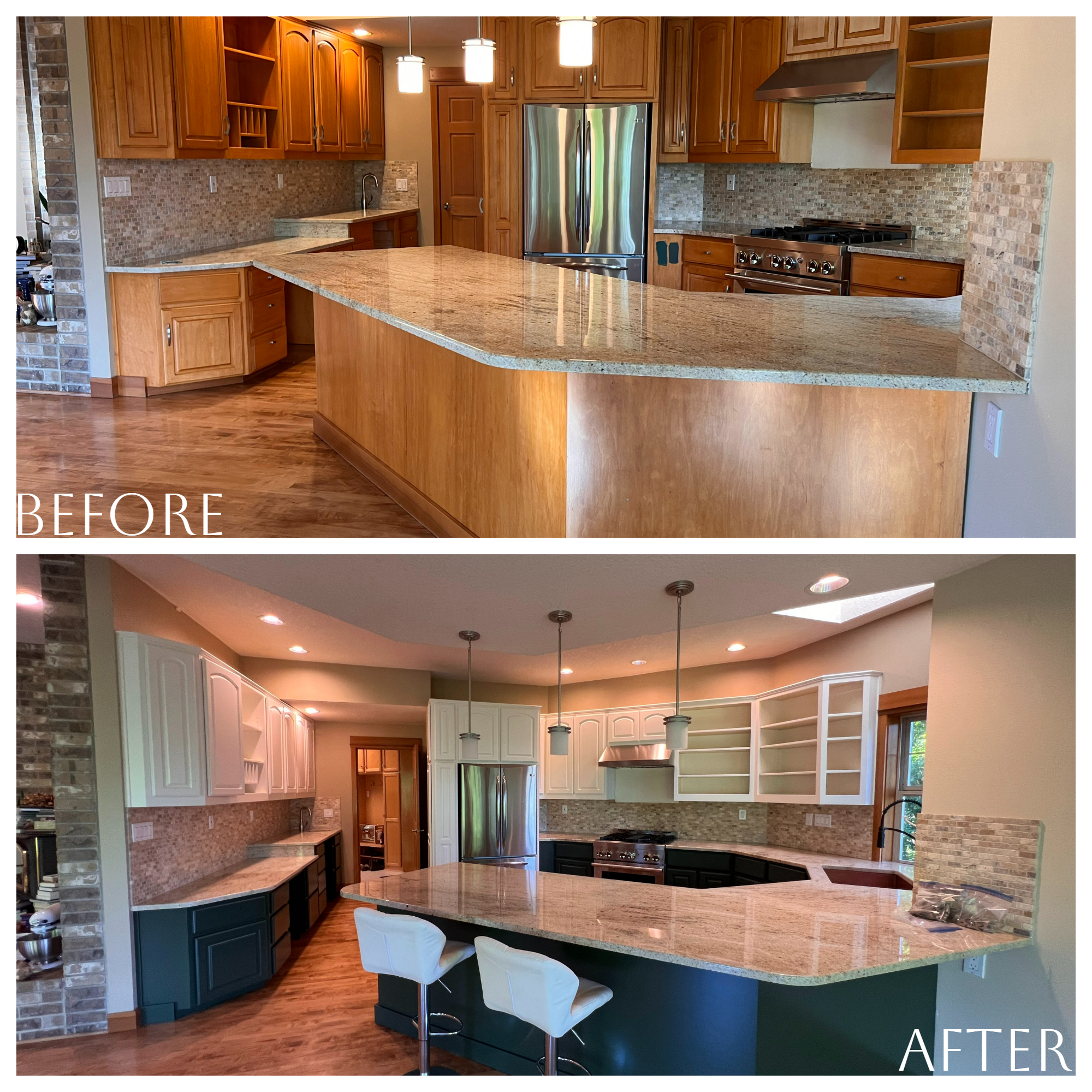 Before and after pictures of an Indoor Elegance kitchen transformation.