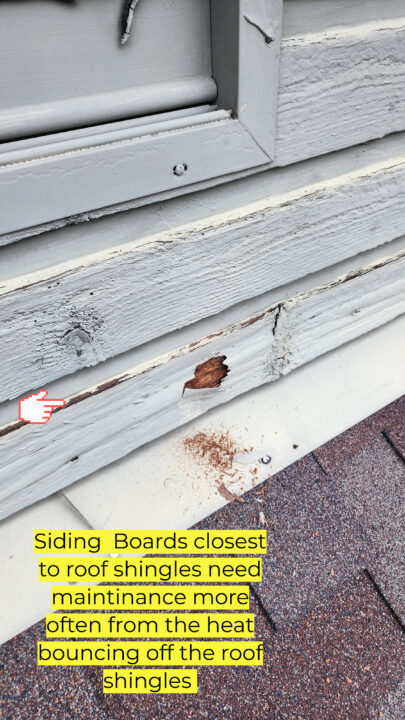 A close-up of worn siding boards near roof shingles with text highlighting the frequent maintenance needed due to exterior paint failures and heat.