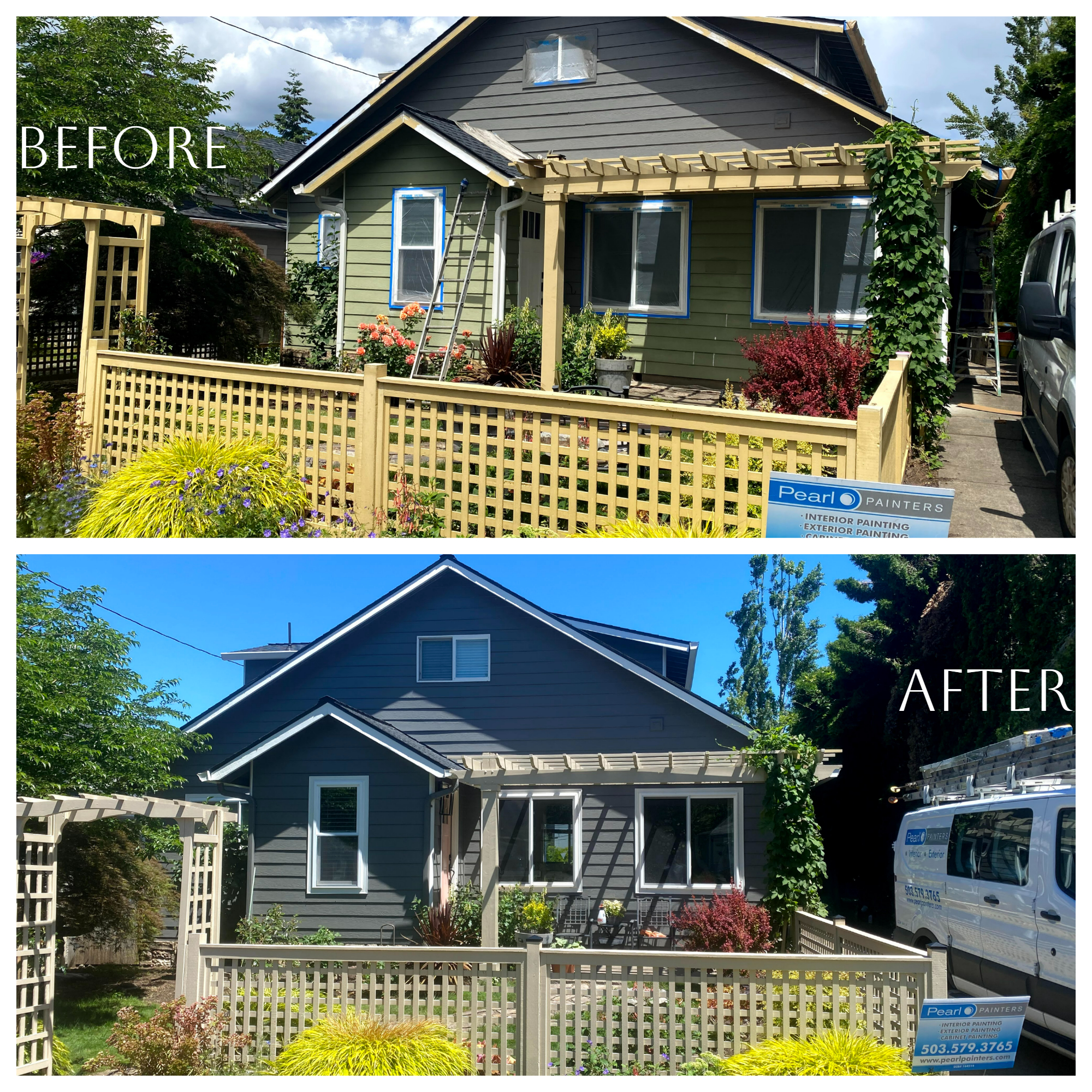 Before and after pictures showcasing the secure transformation of a house.
