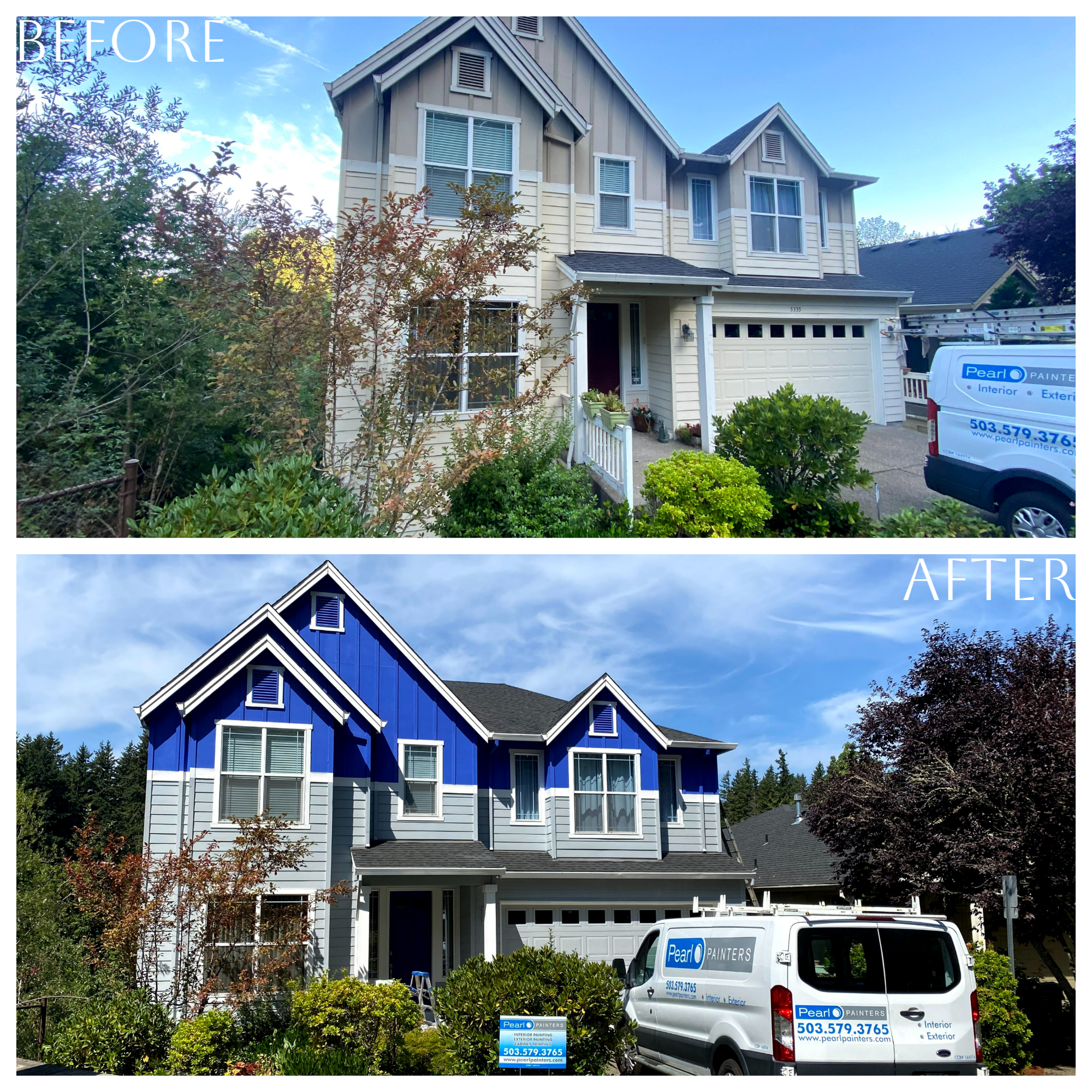 Before and after pictures of a house with secure blue siding.