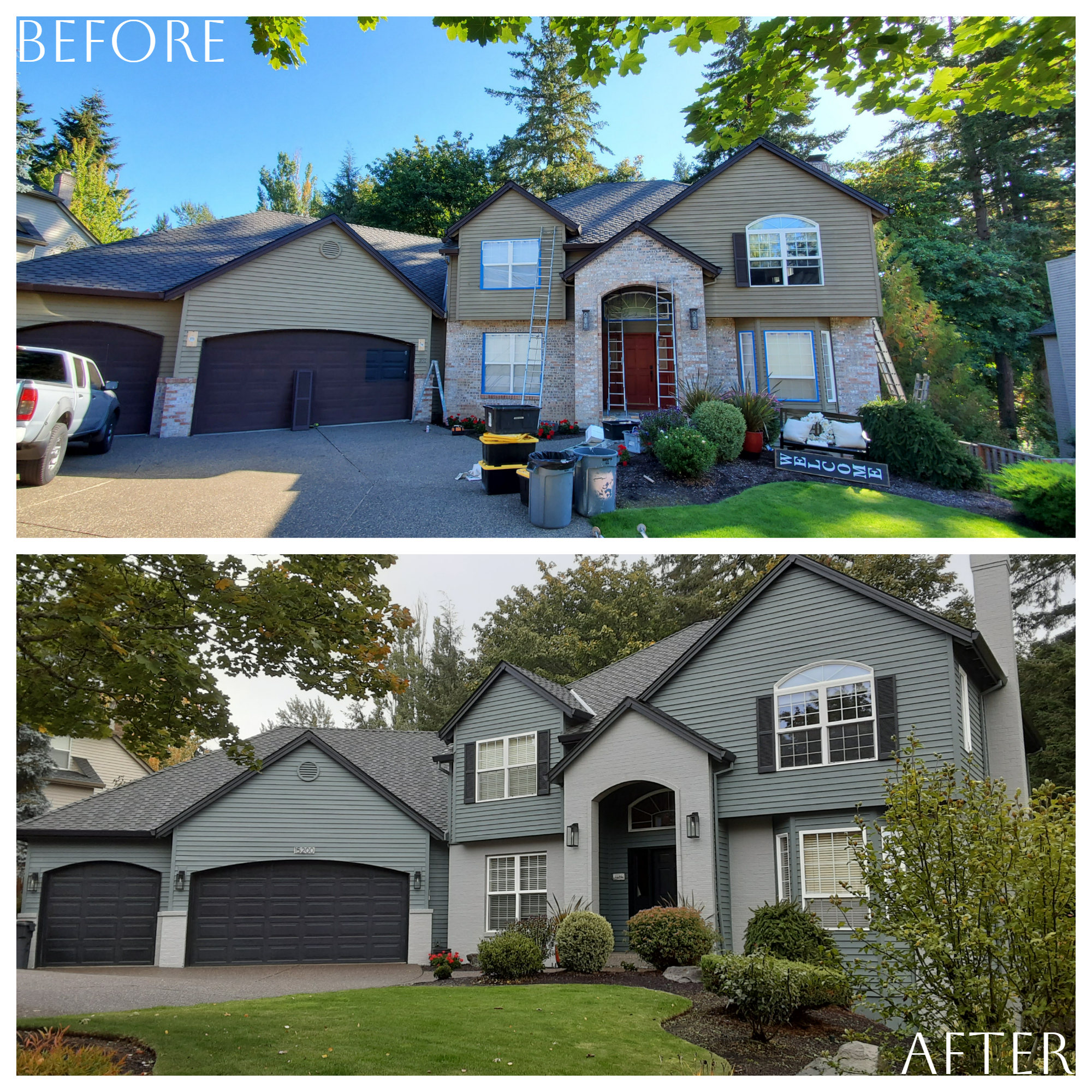 Before and after pictures of a house with spot gray siding.