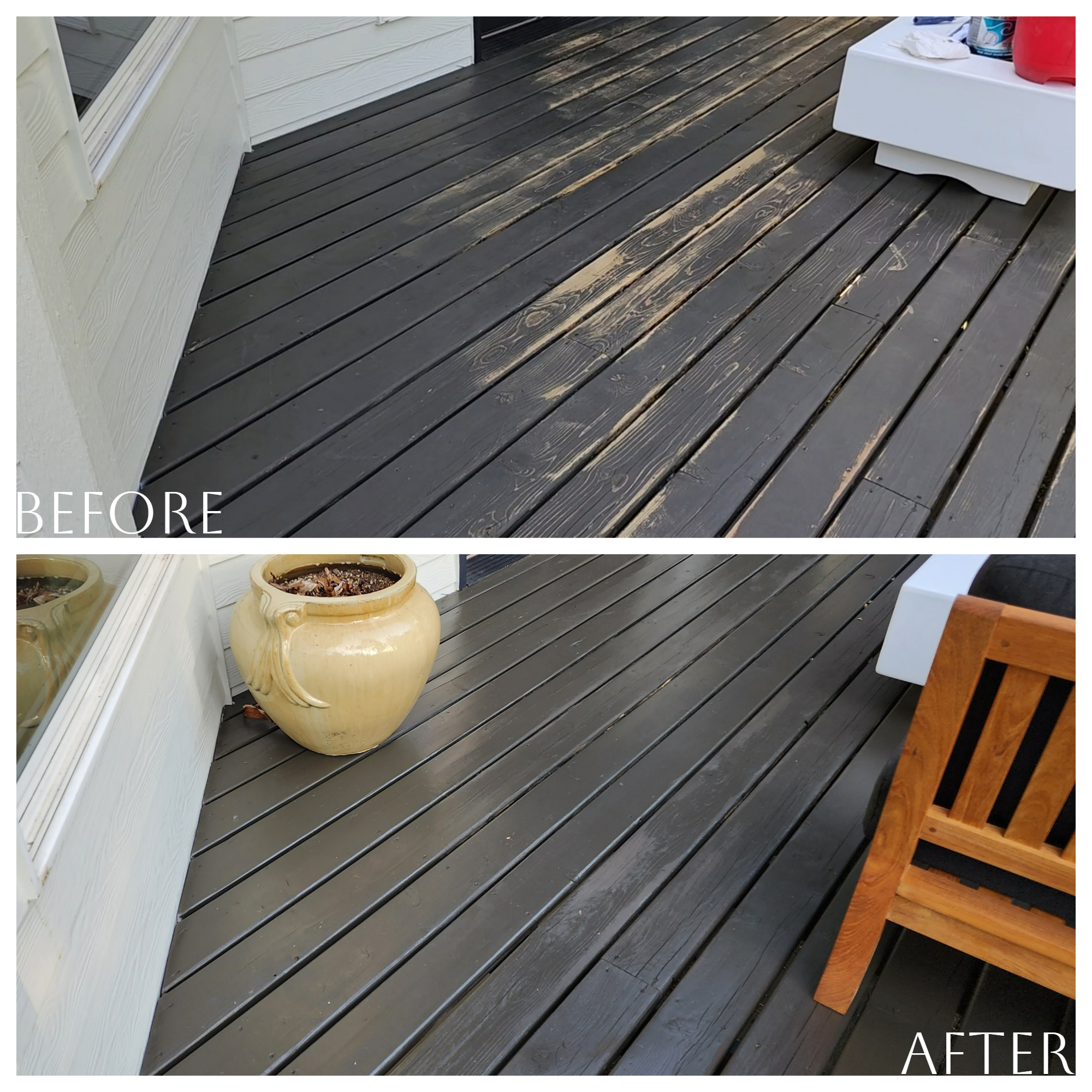 Secure summer spot with before and after pictures of a wooden deck.