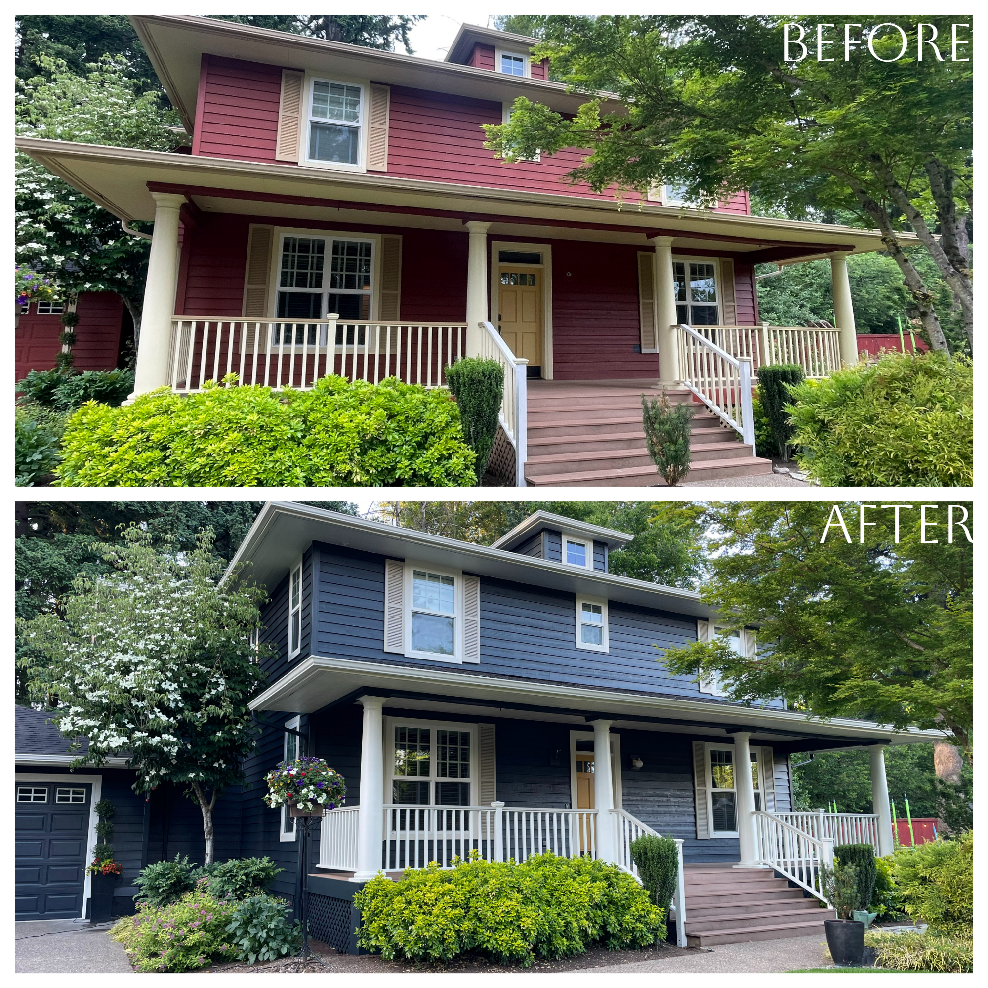 before and after photos of house painted blue in Pacific Northwest