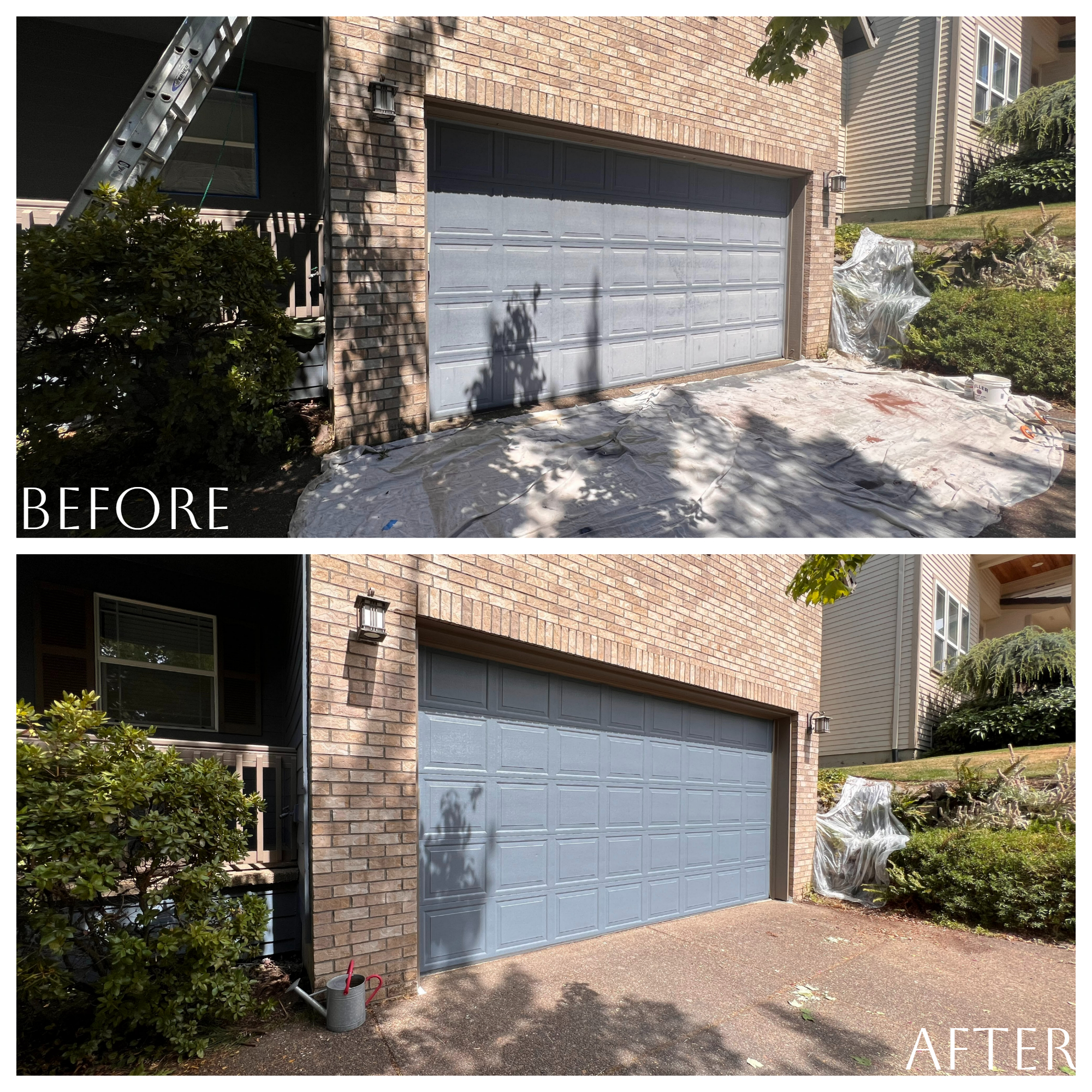 A secure before and after photo of a garage door.
