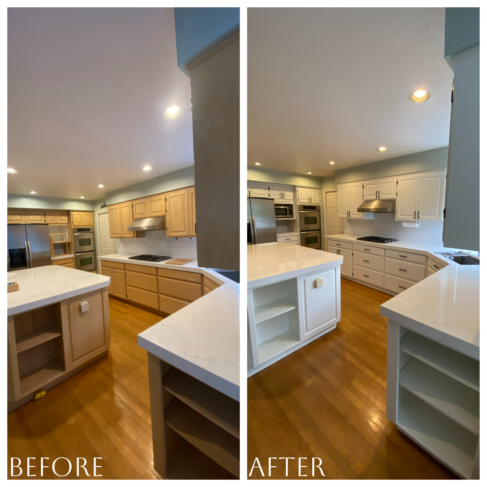 Before and after of wood cabinets professionally painted white in Tigard, Oregon kitchen