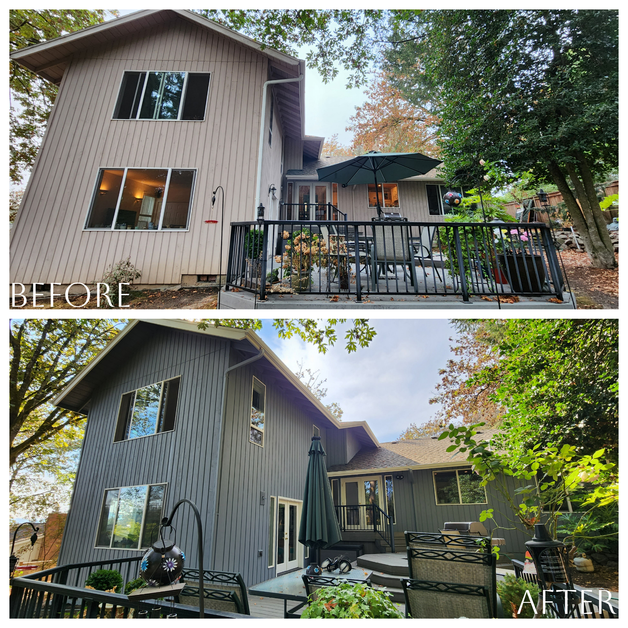 Before and after photos of a home with a secure deck and patio.