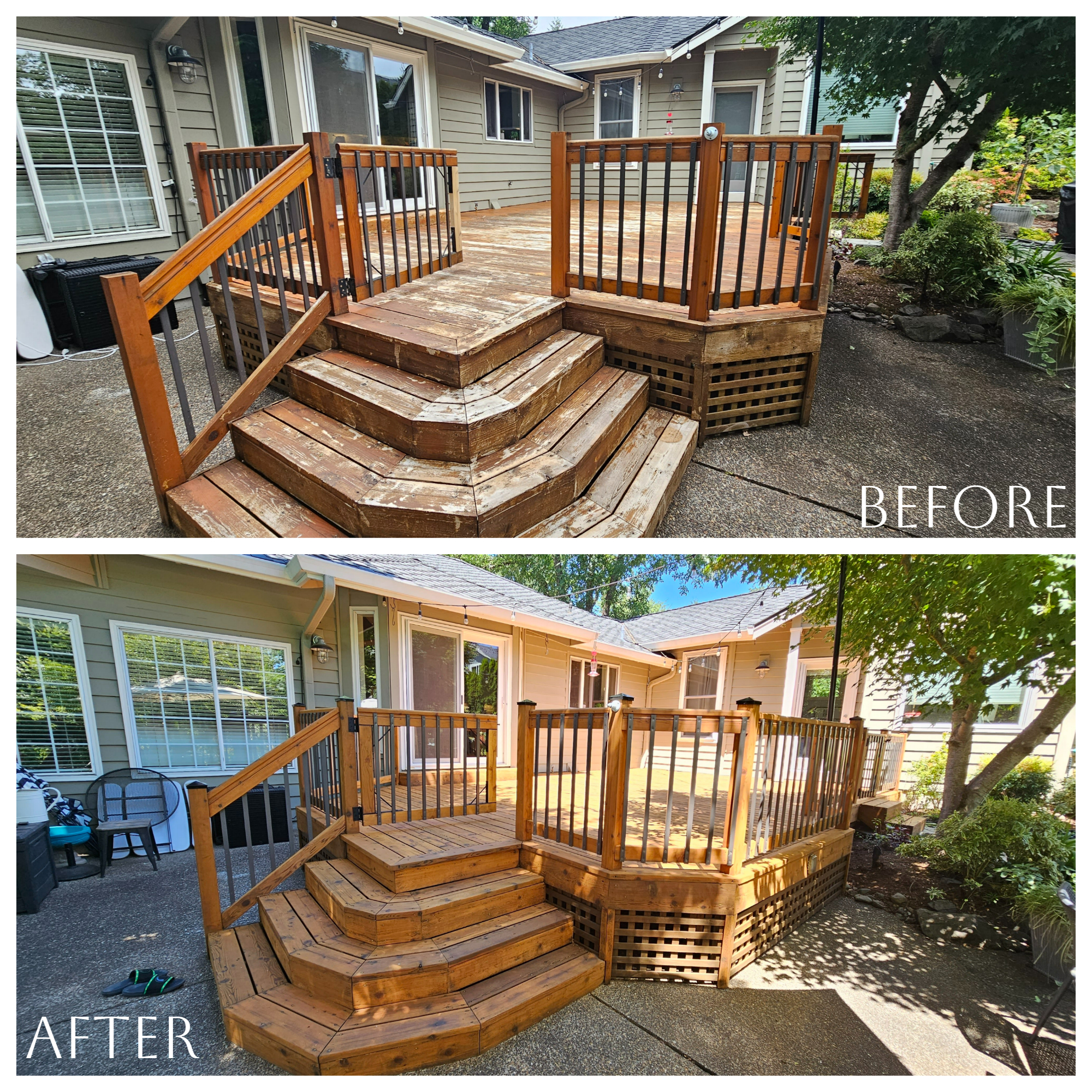 Spot the secure transformation of an exterior wooden deck through before and after pictures.