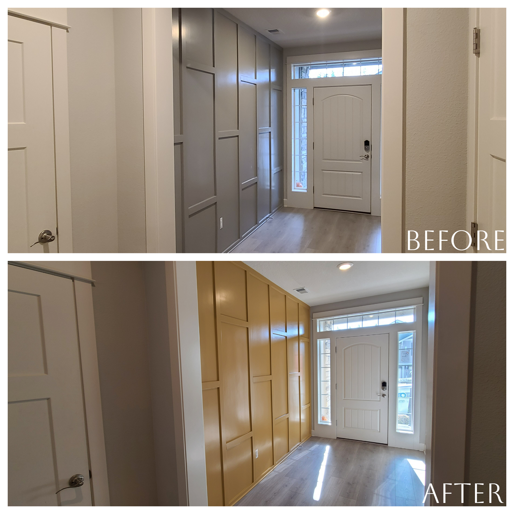 Before and after pictures of a holiday-ready hallway.