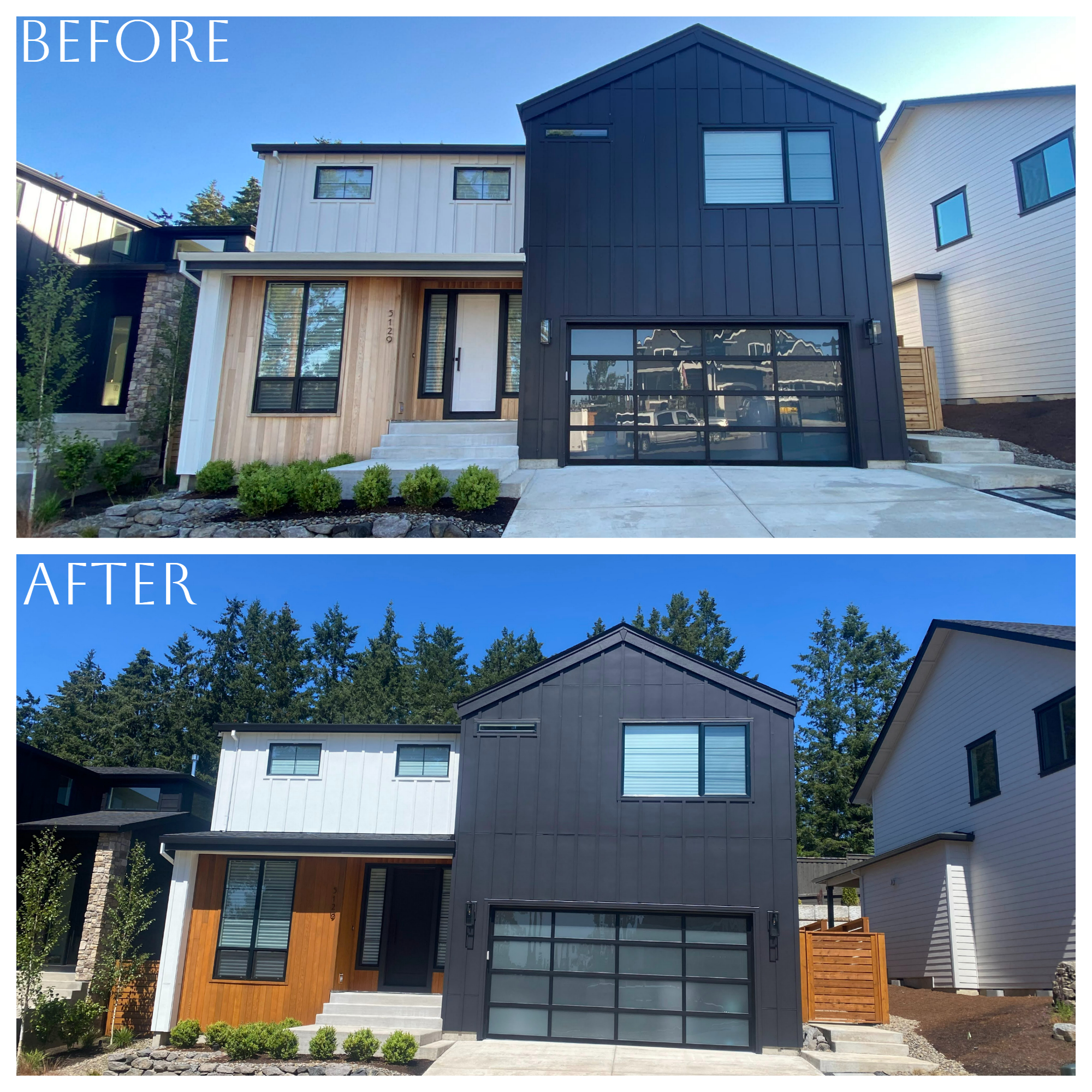 Before and after photos showcasing the transformation of a home through exterior painting with a black garage door.