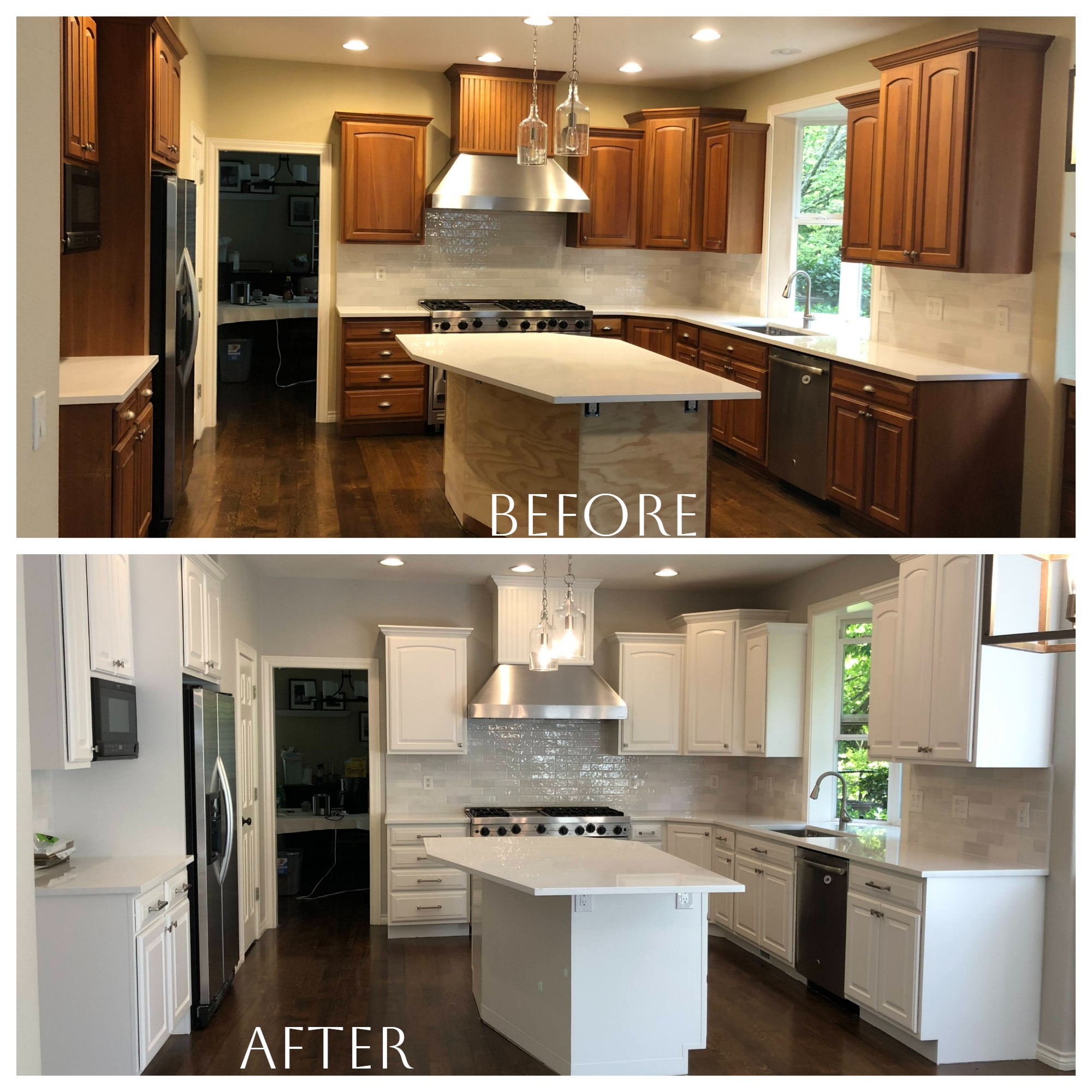 Home transformation with holiday-ready white cabinet paint.