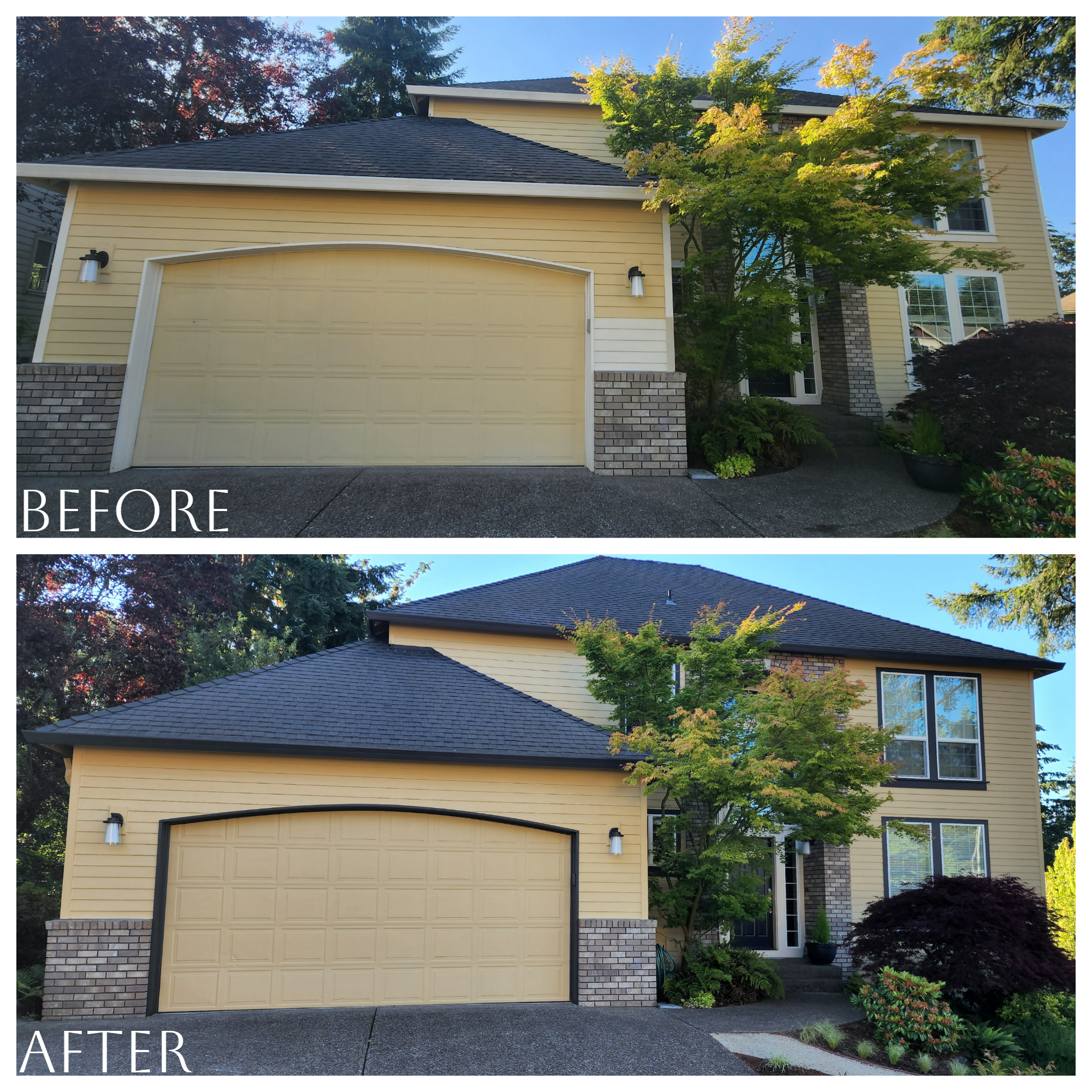 Before and after pictures of an exterior garage door after summer 2023.