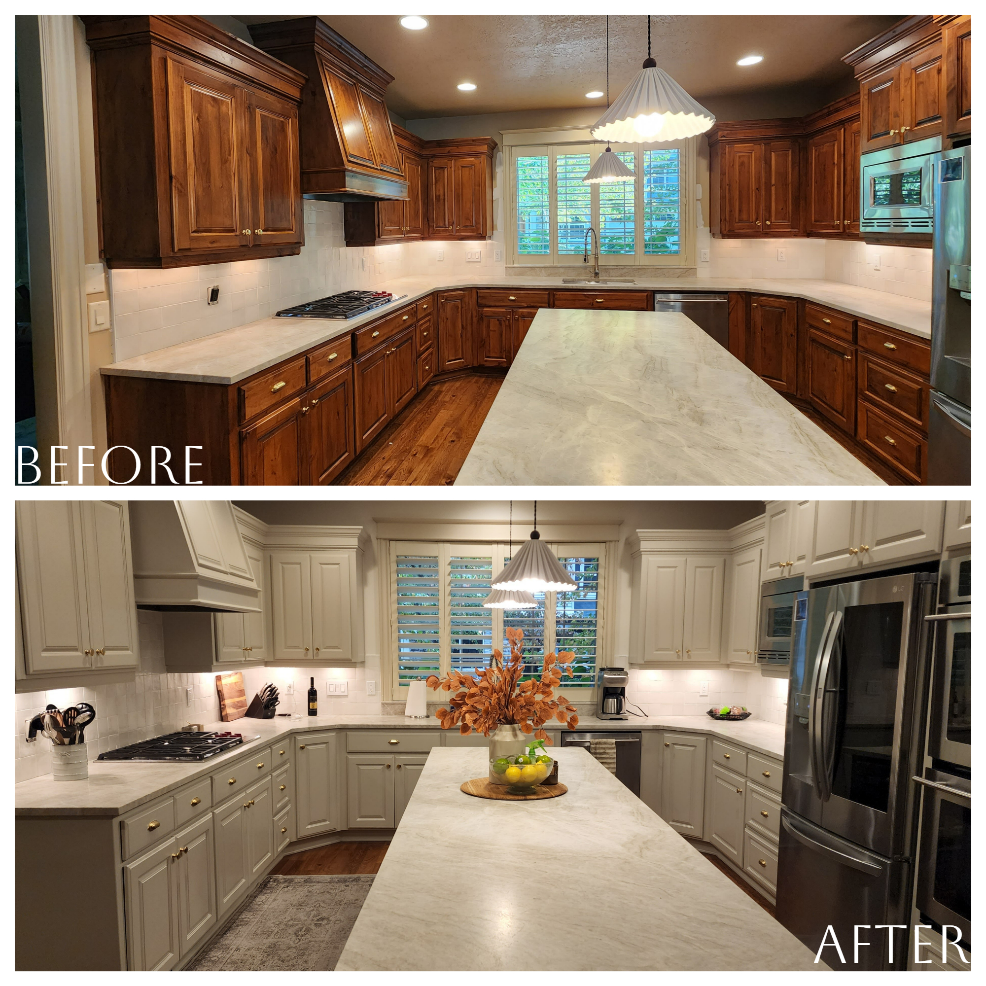 Before and after pictures showcasing the indoor elegance of a holiday-ready kitchen.