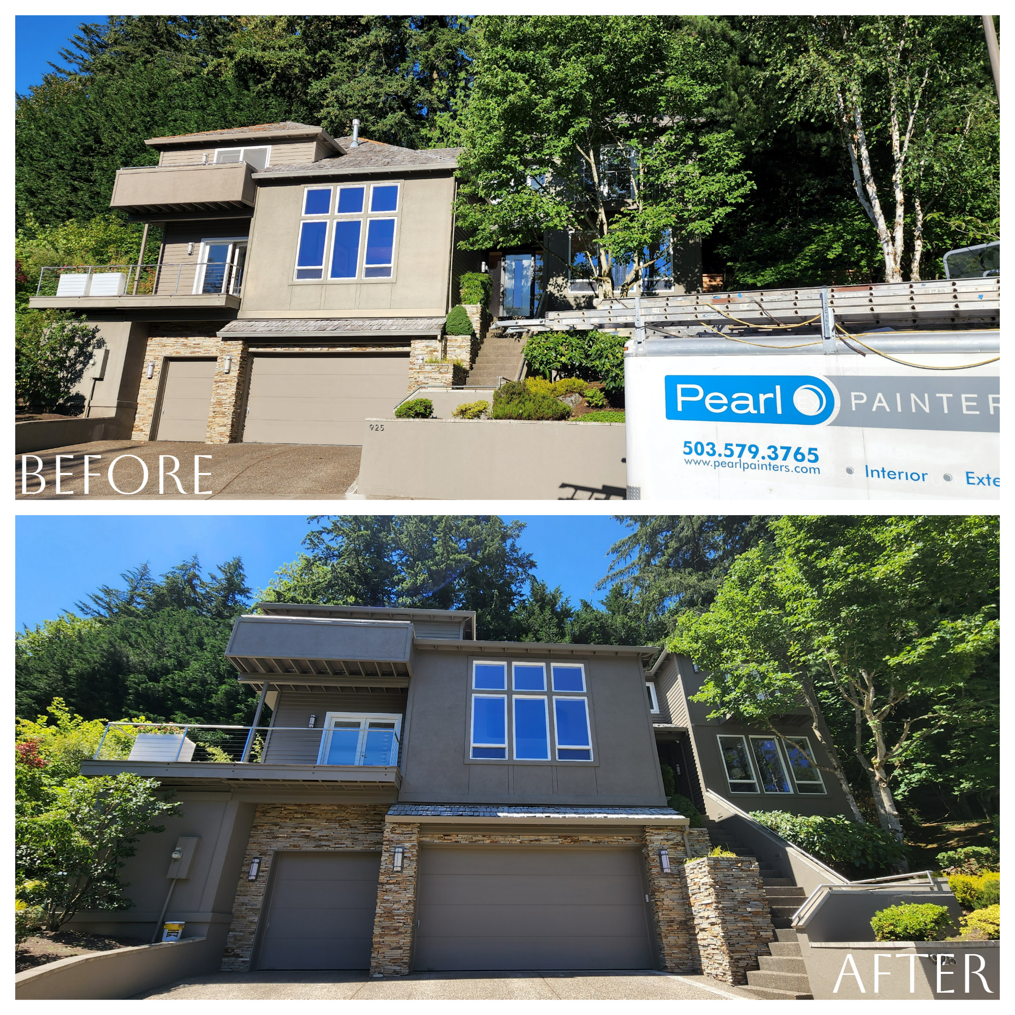 Two pictures of a house before and after exterior painting.
