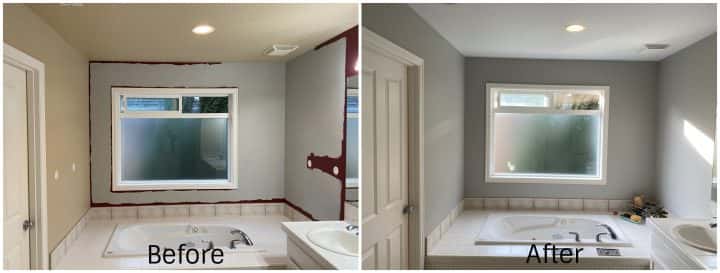 Before and after photos of painted bathroom, view of bathtub