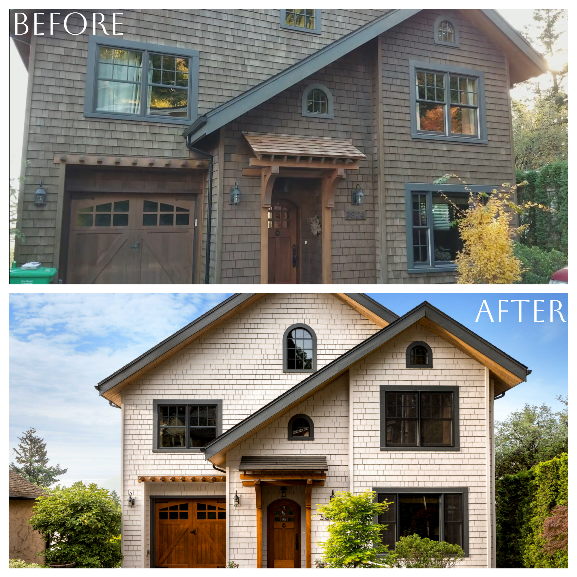 A spot the exterior painting transformation of a house, before and after summer 2023.