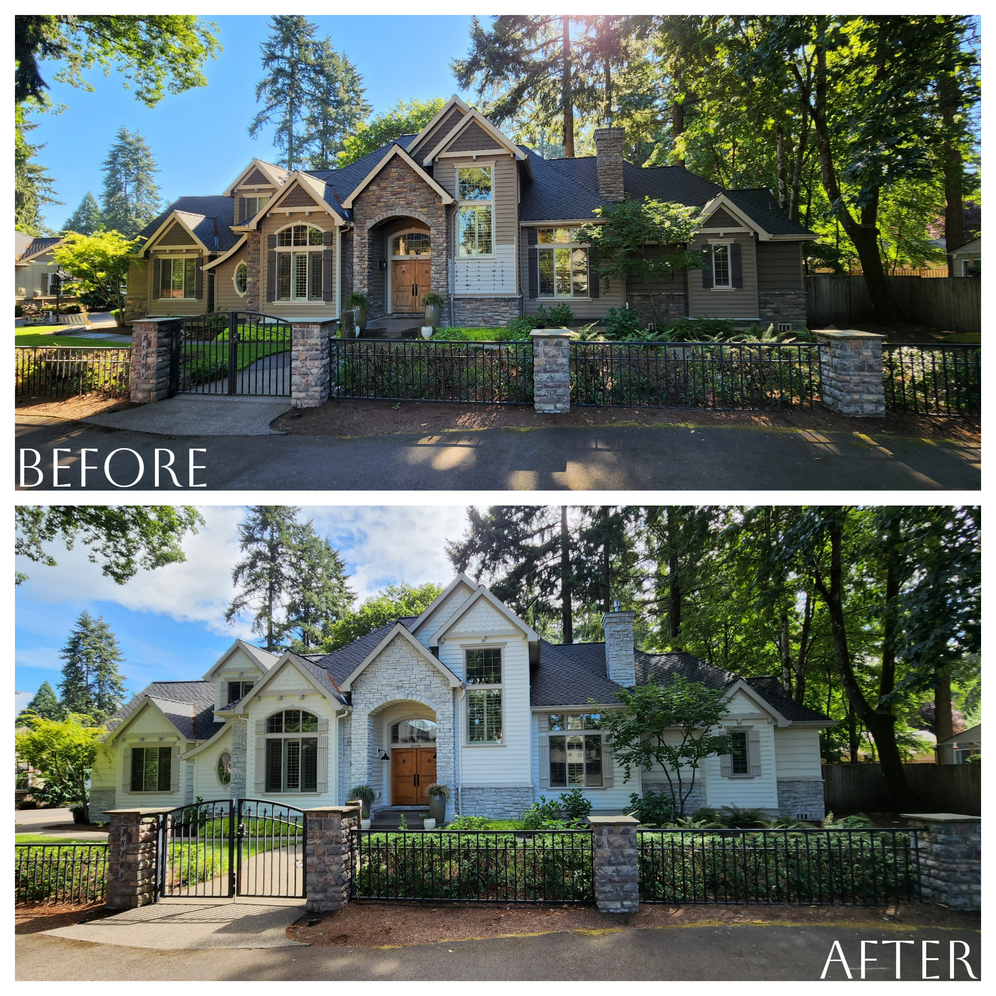 Two pictures of a house before and after exterior painting renovation.