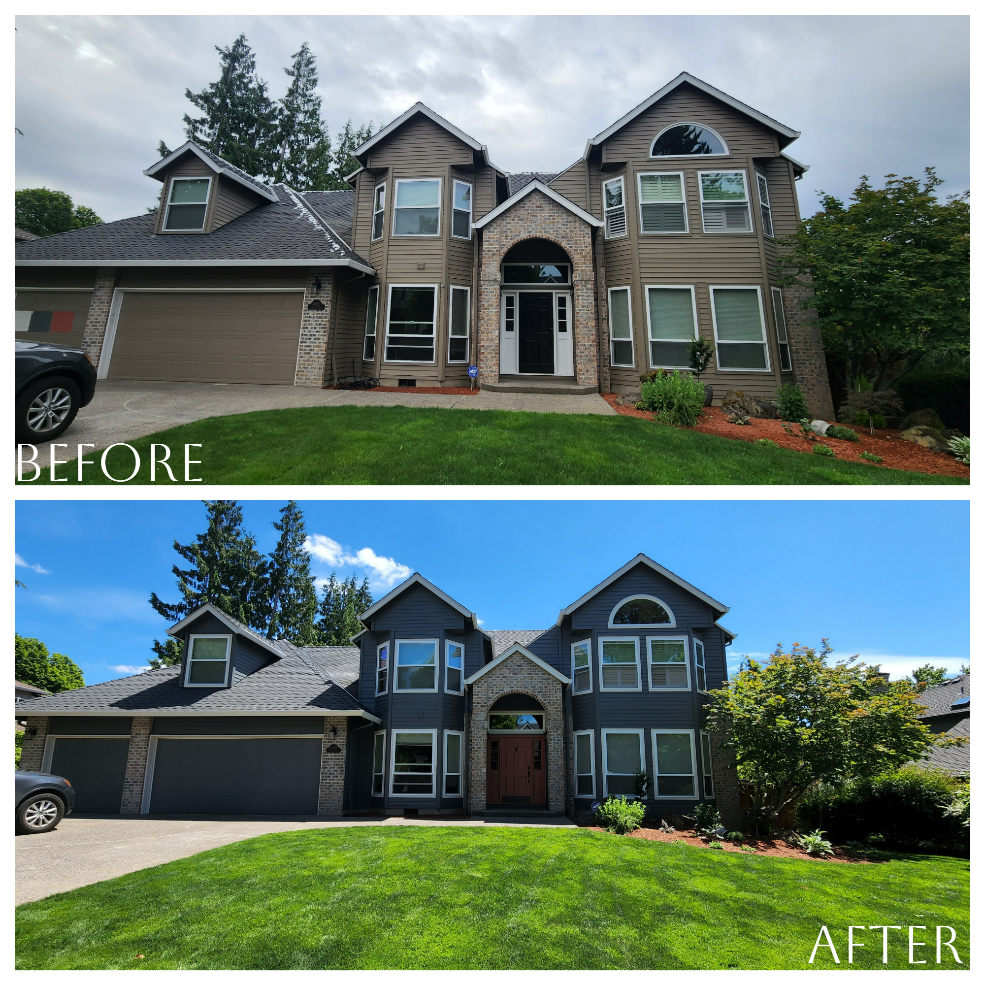 Before and after pictures of a home showcasing its secure exterior painting.