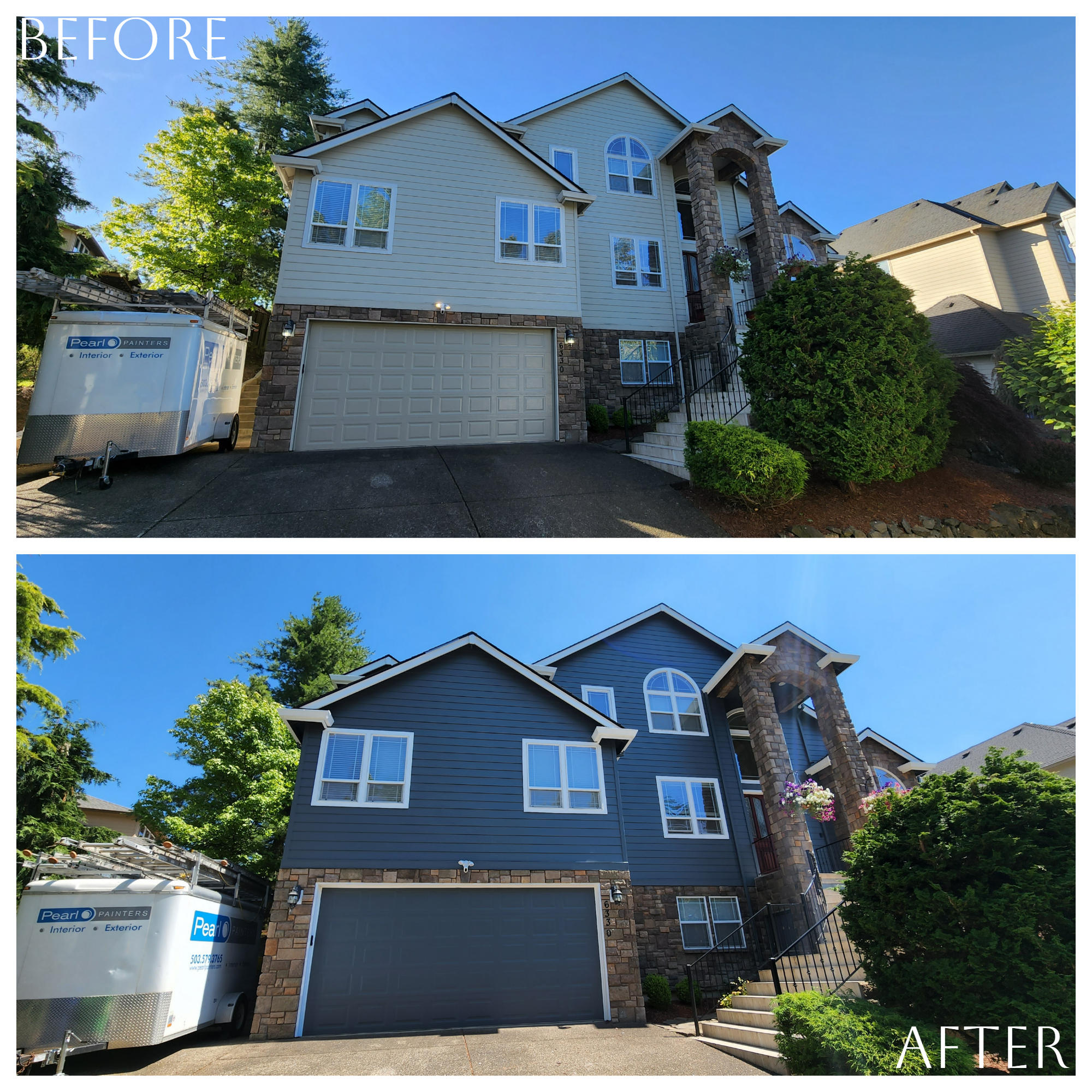 Before and after photos of the exterior of a house painted by Pearl Painters - from white to dark blue