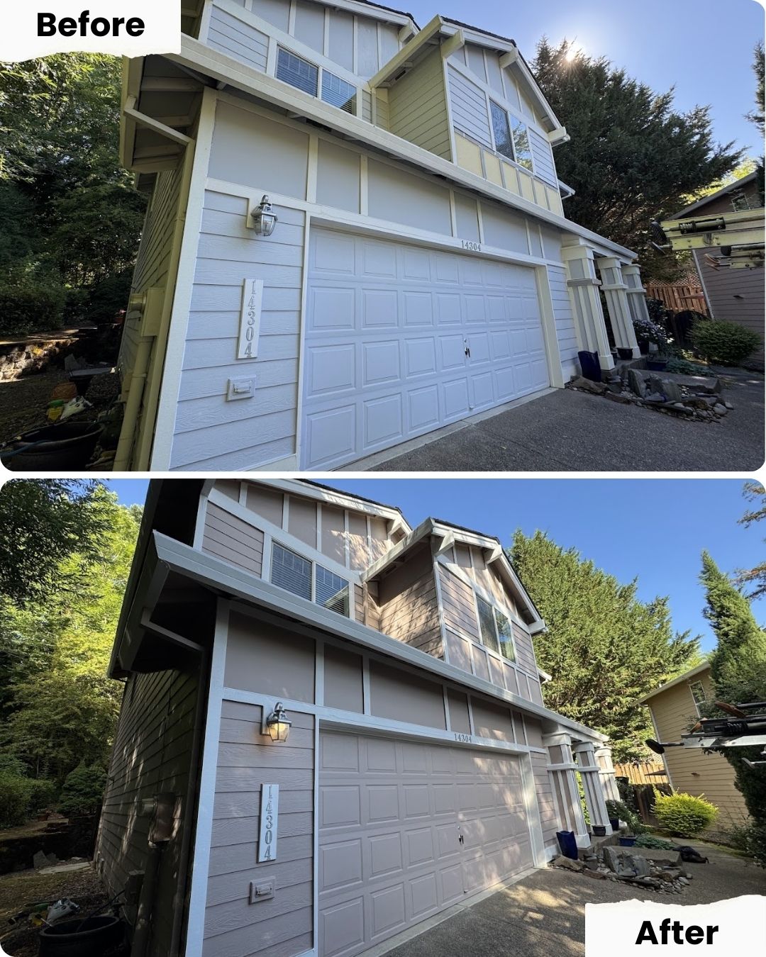 Before and after of Anderson two-story house in Portland, freshly painted by Pearl Painters with updated trim and siding, August 2025.