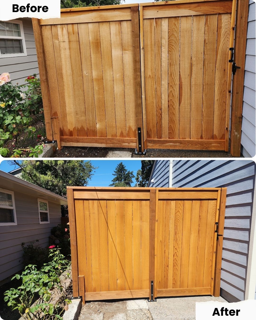 Pearl Painters in Arnold show "Before" and "After" wooden gates; painter's staining makes the gate darker and newer-looking.