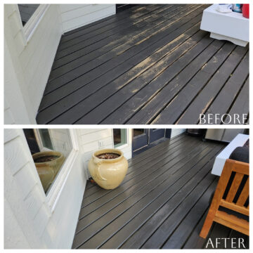 before and after photos of a section of deck refinished and stained