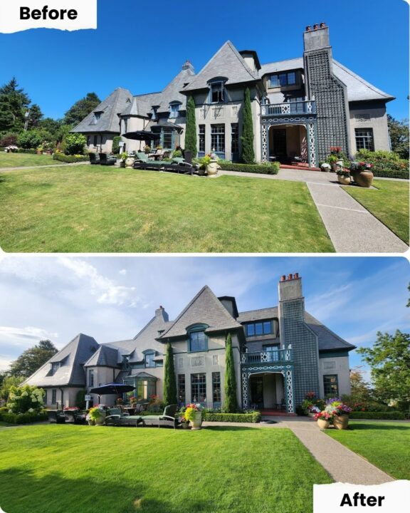 Side-by-side images of a large Barron house in Portland; after painting by Pearl Painters, lawn and landscaping look greener.