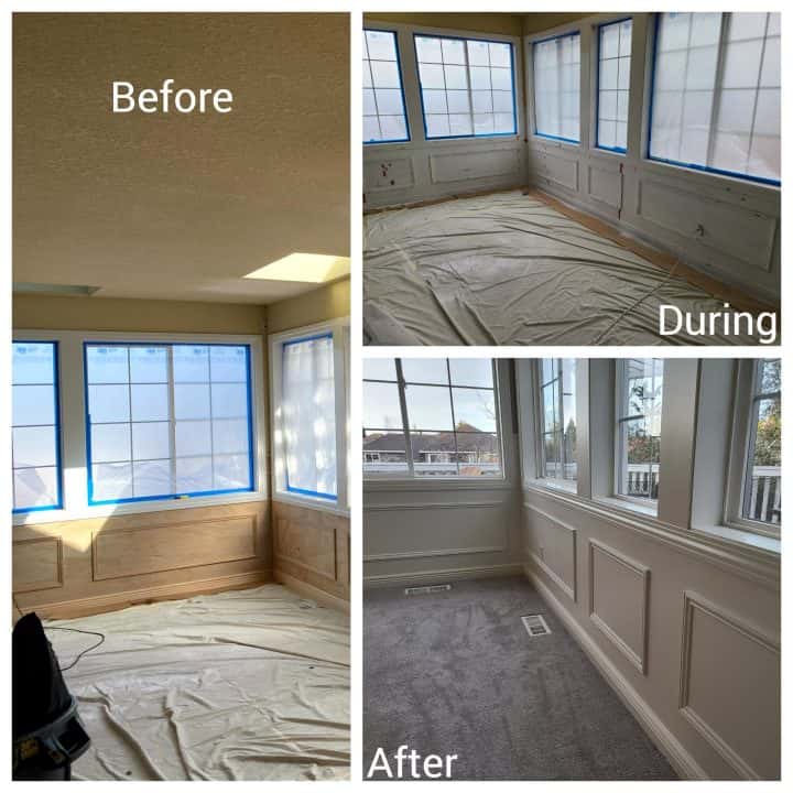 Before and after pictures of Tigard sunroom walls with fresh paint.