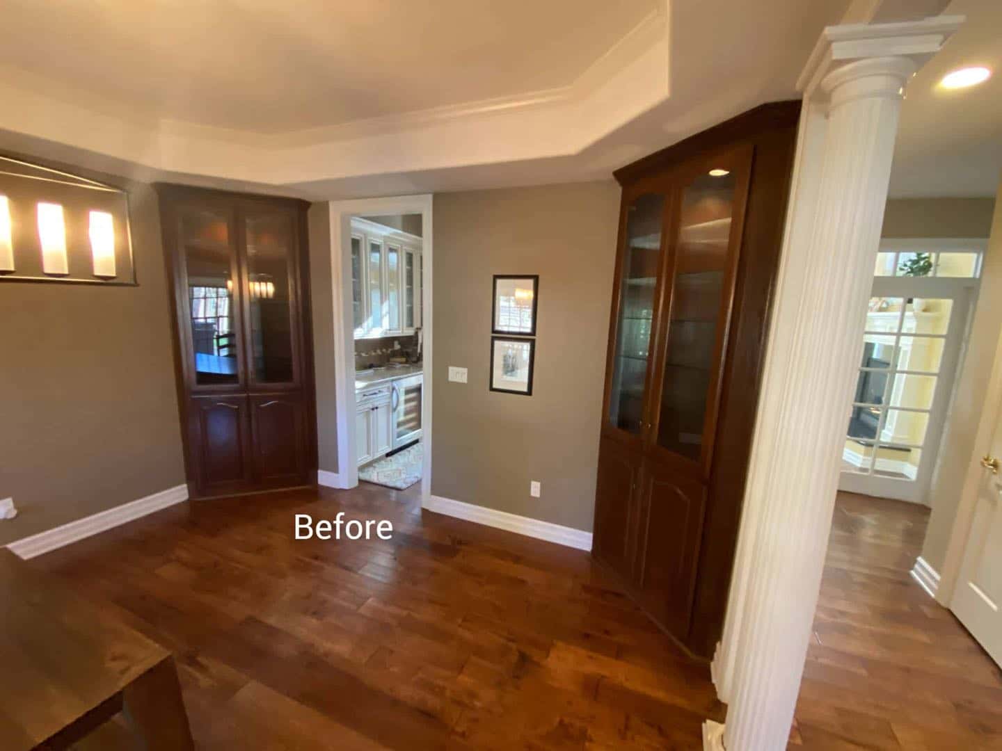 A before and after shot of a dining room that brightens up the space with a new paint color.