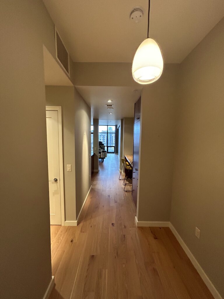 A narrow hallway with wooden flooring leads to a bright living area with a large window. A pendant light hangs from the ceiling.