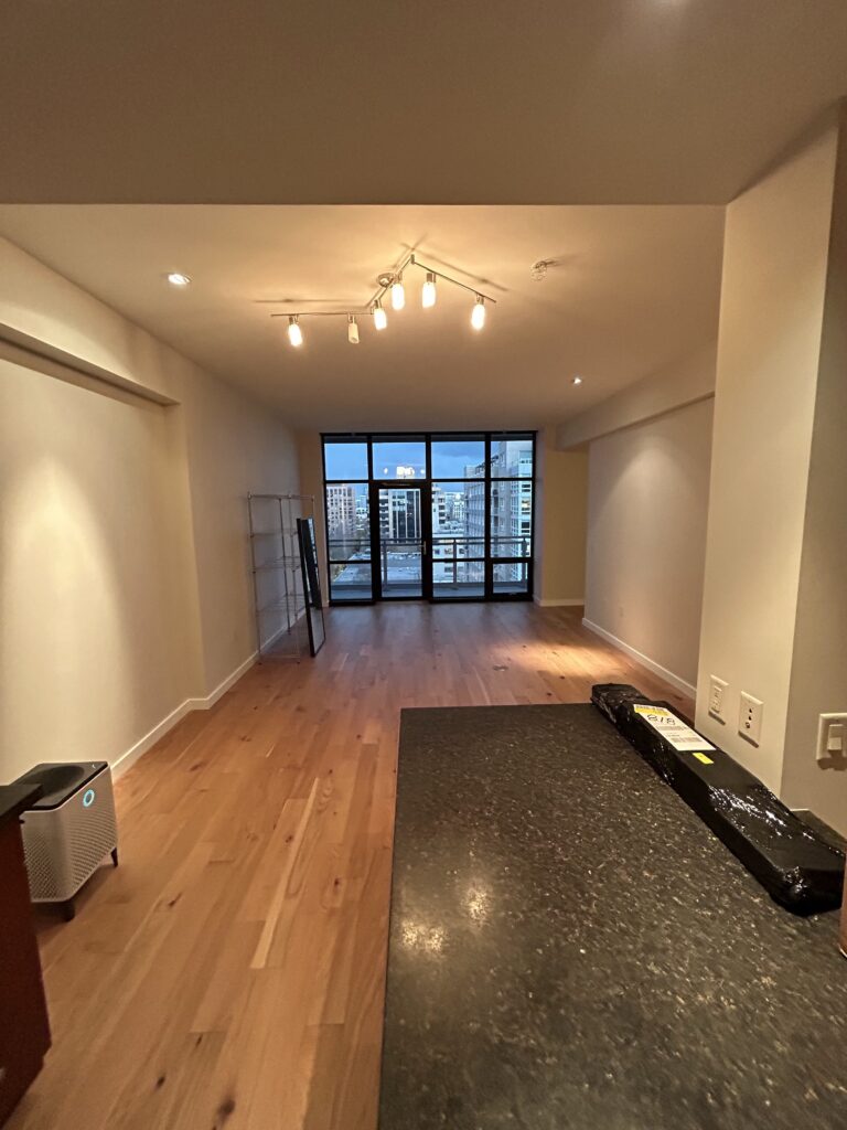 An empty modern apartment with wood floors, a black countertop, large windows, and a view of city buildings. Ceiling lights illuminate the space.