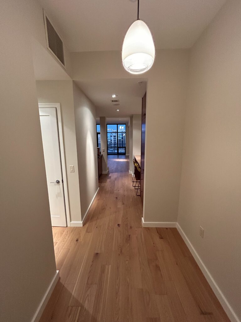 A narrow hallway with wood flooring leads to a kitchen area and a windowed balcony. A pendant light hangs from the ceiling.