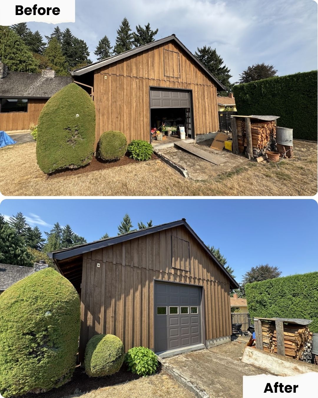 Before and after of a painted Portland garage by Pearl Painters; only the door is new, rest untouched. Aug 2025.