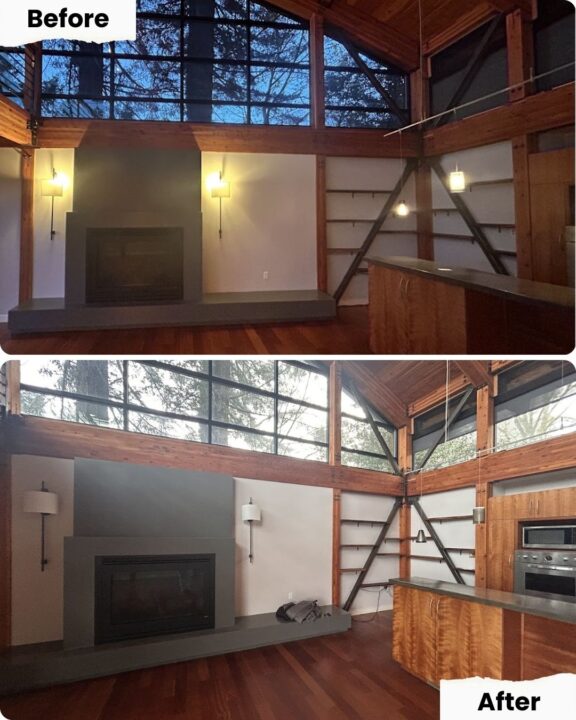 Before and after of Portland living room: shelves removed, new painting by Pearl Painters, updated lighting.